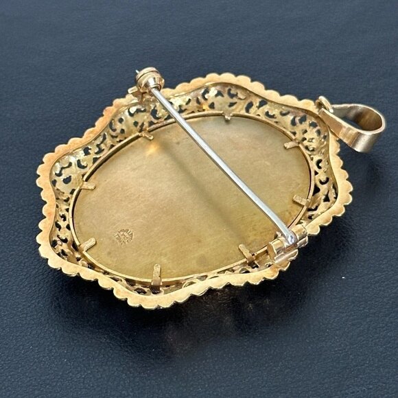 18K Yellow Gold Antique Intricate Filigree Diamond Portrait Cameo Pin Pendant - Picture 7 of 15